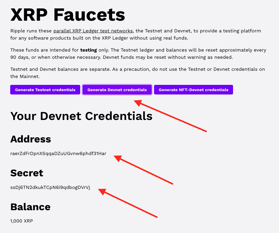 Generate XRP Ledger Devnet credentials